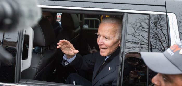 Former Vice President Joe Biden leaves after speaking at a rally by striking union workers in Dorchester, Mass., on April 18, 2019. (Scott Eisen/Getty Images)