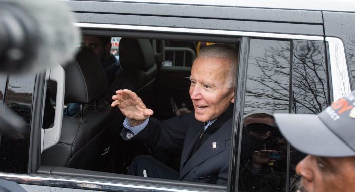 Former Vice President Joe Biden leaves after speaking at a rally by striking union workers in Dorchester, Mass., on April 18, 2019. (Scott Eisen/Getty Images)